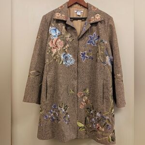 Peter Nygard Collection Brown Wool Tweed Coat With Birds & Floral Embroidery 16W